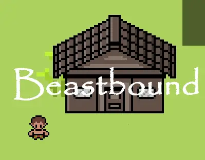 A screenshot of my game, Beastbound. A pixel-art jungle boy is in front of his hut in the plains. 'Beastbound' is written with Papyrus font.