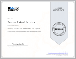 A thumbnail of my 'Board Infinity: Building RESTful APIs with Node.js and Express' certificate