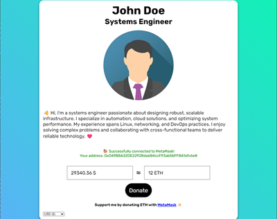 A PayPal.me-like Ethereum donation page with blue-green gradient. The page belongs to 'John Doe', a systems engineer.