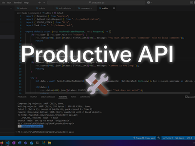 'Productive API' written with an emoji of a hammer and a wrench with a coding IDE in the background