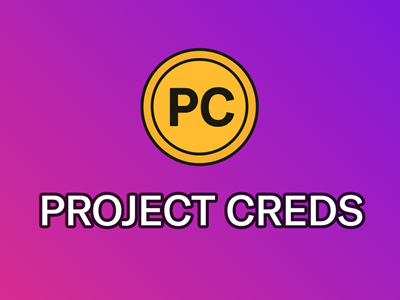 A pink-purple gradient is in the background, with the text 'Project Creds' and a vector art of a coin with 'PC' written on it